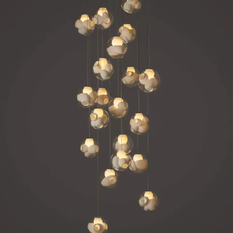 Exceptional Bocci 38V Suspension Lamp lighting with clustered clear glass spheres and milk white interior cavities crafted with dark coaxial cables