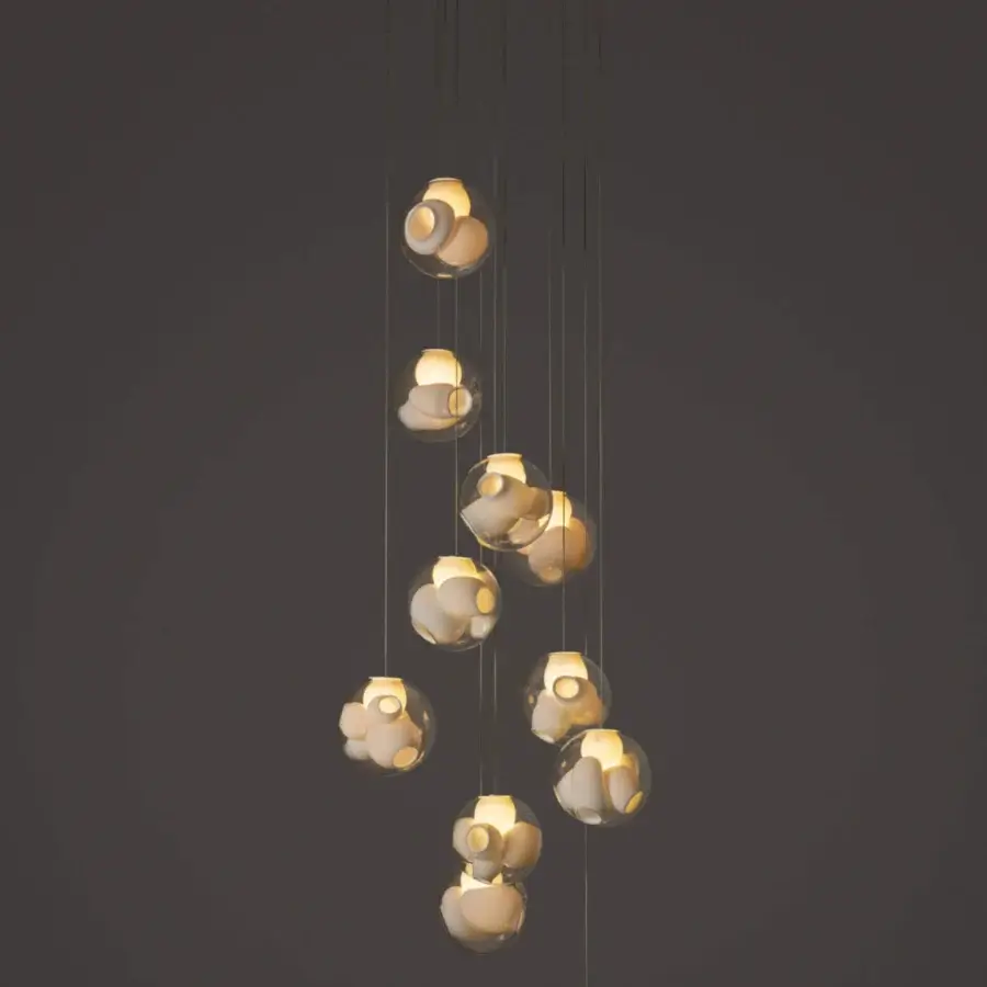 Superior Bocci 38V Suspension Lamp lighting crafted with clear glass exterior spheres and milk white interior lamp holder cavities with glossy finish