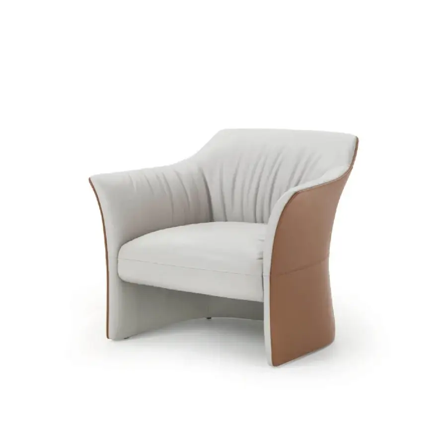 Superior 4 Mariani Sella lounge chair with sinuous silhouette and expertly crafted light gray textile with warm brown accents