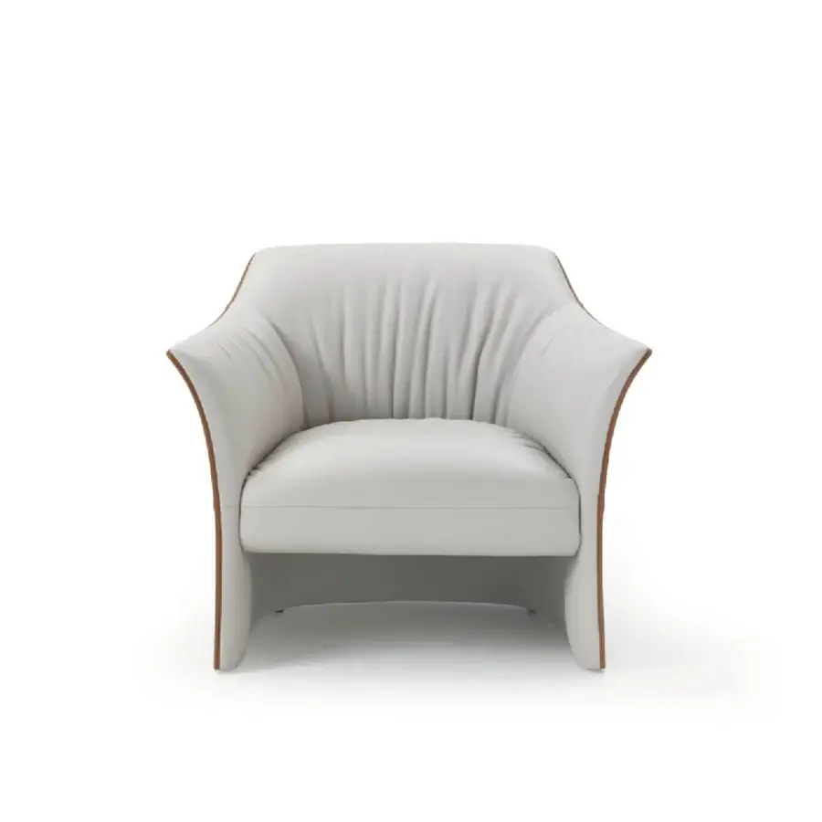 Distinctive 4 Mariani Sella lounge chair upholstered in pale gray textile with warm medium-toned wood shell and pleated backrest detailing