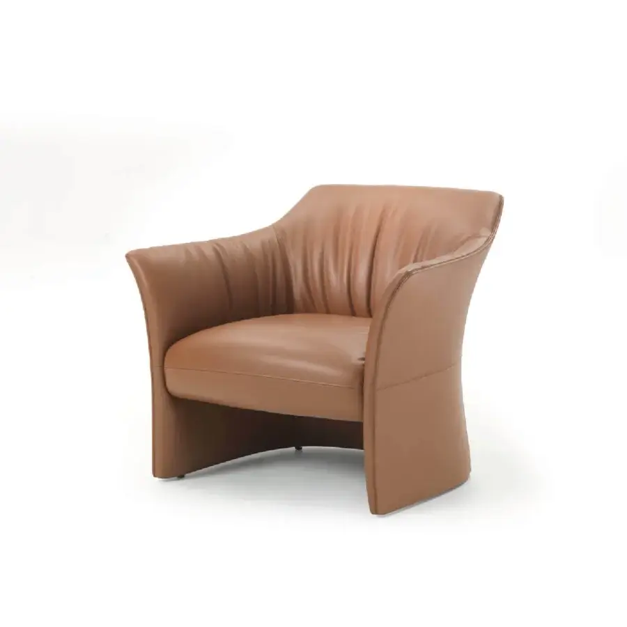 Superior 4 Mariani Sella lounge chair with sinuous silhouette upholstered in warm brown leather with satin finish