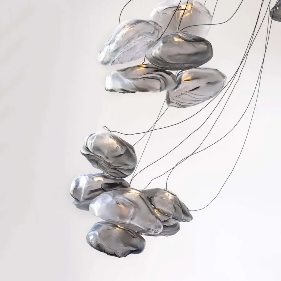 Superior Bocci 73 sculptural cable suspension lamp with translucent glass shades and brushed nickel canopy