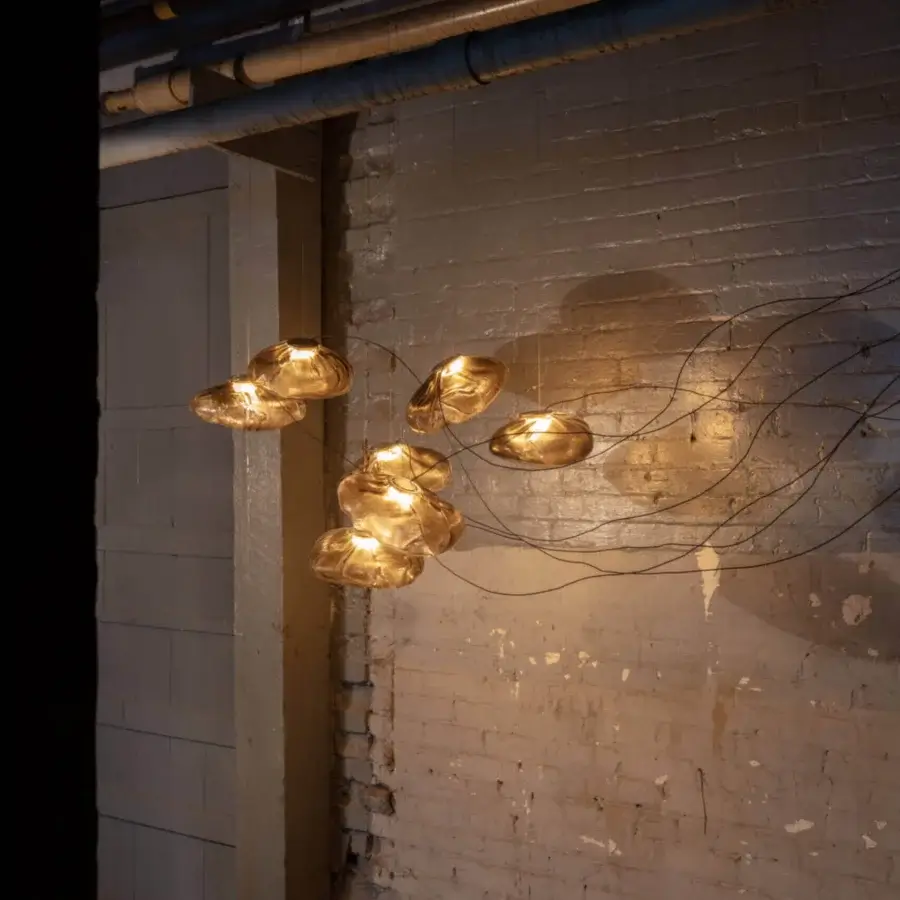 Distinguished Bocci 73 sculptural cable suspension lamp with translucent blown glass and brushed nickel canopy