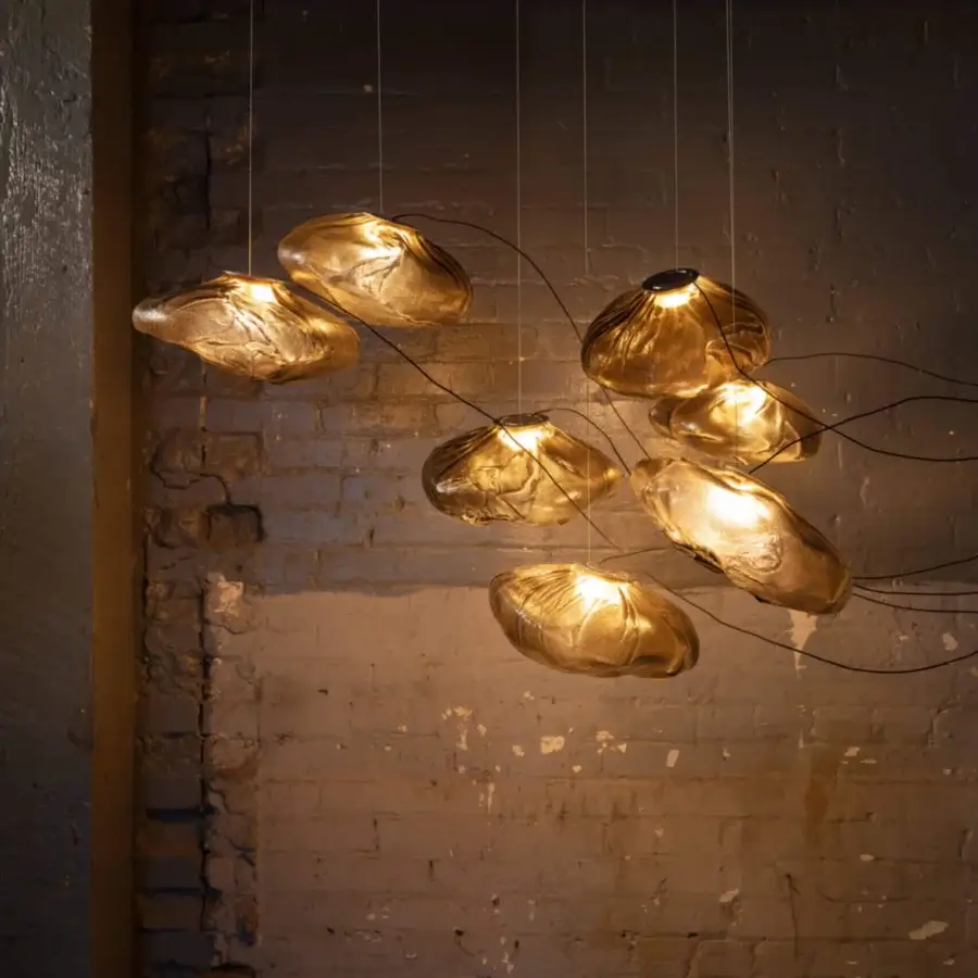 Exceptional Bocci 73 sculptural cable suspension lamp with translucent blown glass and braided metal coaxial cable crafted in brushed nickel