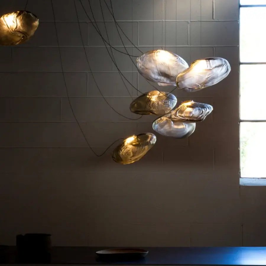 Lavish Bocci 73 sculptural cable suspension lamp with gradient gold and silver blown glass and braided metal coaxial cable