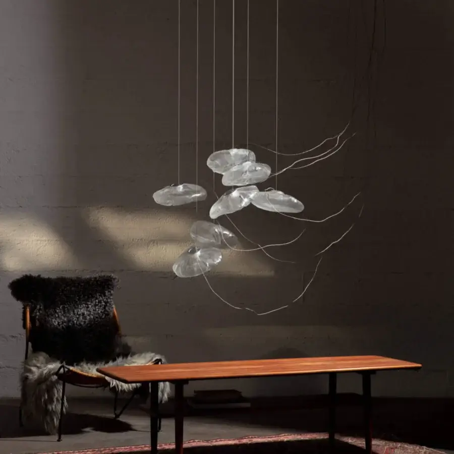 Superior Bocci 73 sculptural cable suspension lamp with translucent glass-like elements and satin metal cables crafted with a brushed nickel canopy