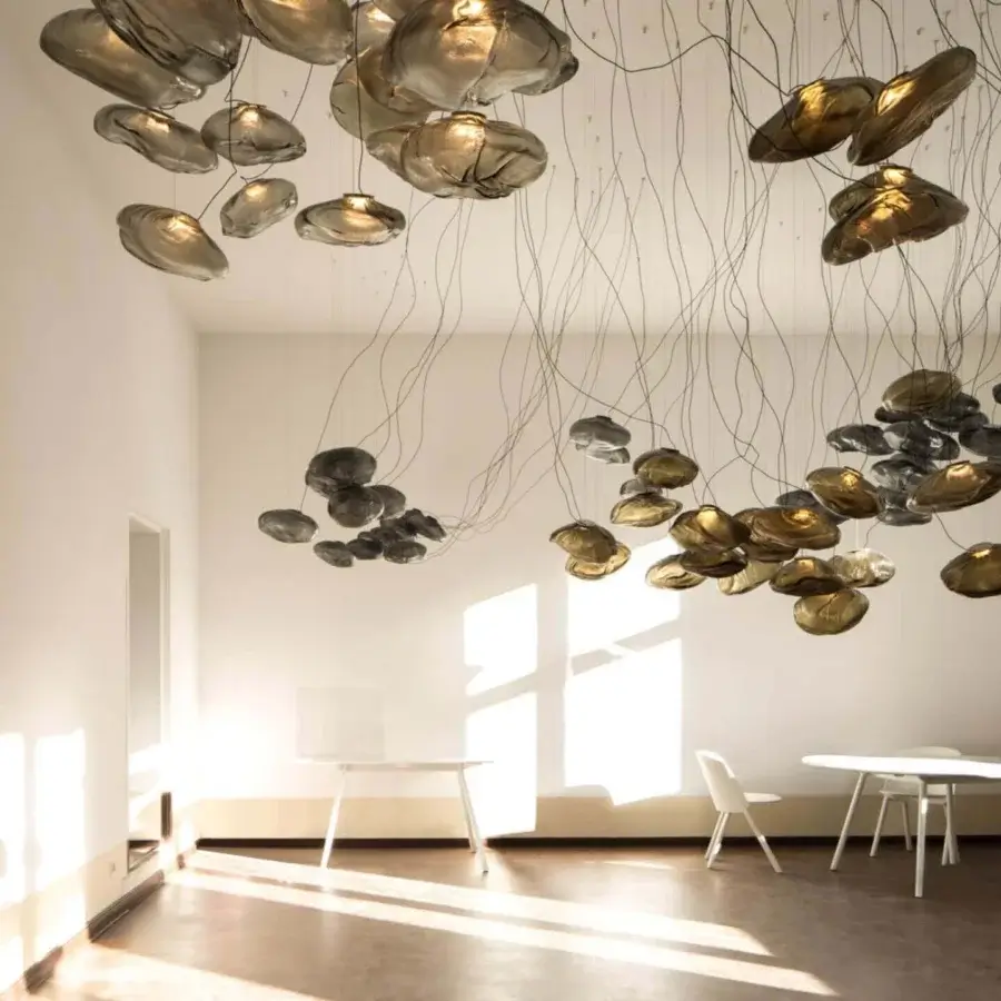 Distinguished Bocci 73 sculptural cable suspension lamp with smoky grey blown glass and braided metal coaxial cable construction