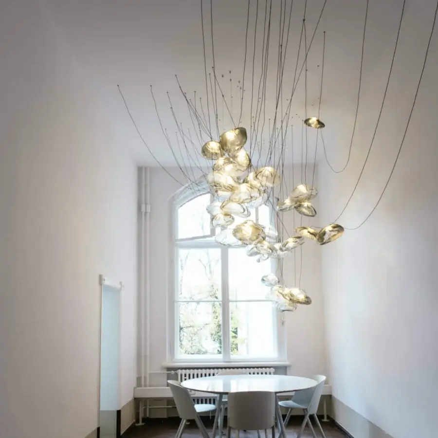 Lavish Bocci 73 sculptural cable suspension lamp in pale gold blown glass with braided metal coaxial cable and brushed nickel canopy