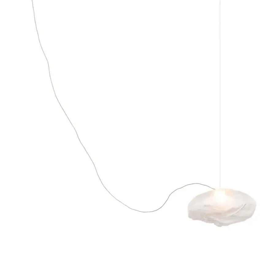 Superior Bocci 73 single sculptural cable suspension lamp in translucent off-white blown glass with brushed nickel canopy