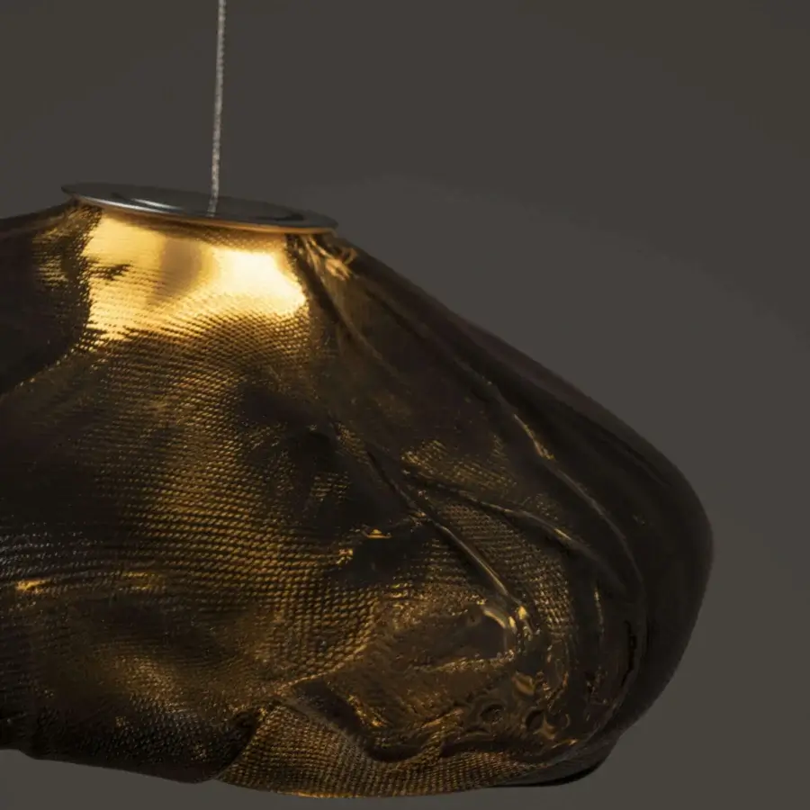 Distinguished Bocci 73 suspension lamp with hand-blown glass pendant and golden-bronze textured shade crafted within a folded ceramic vessel