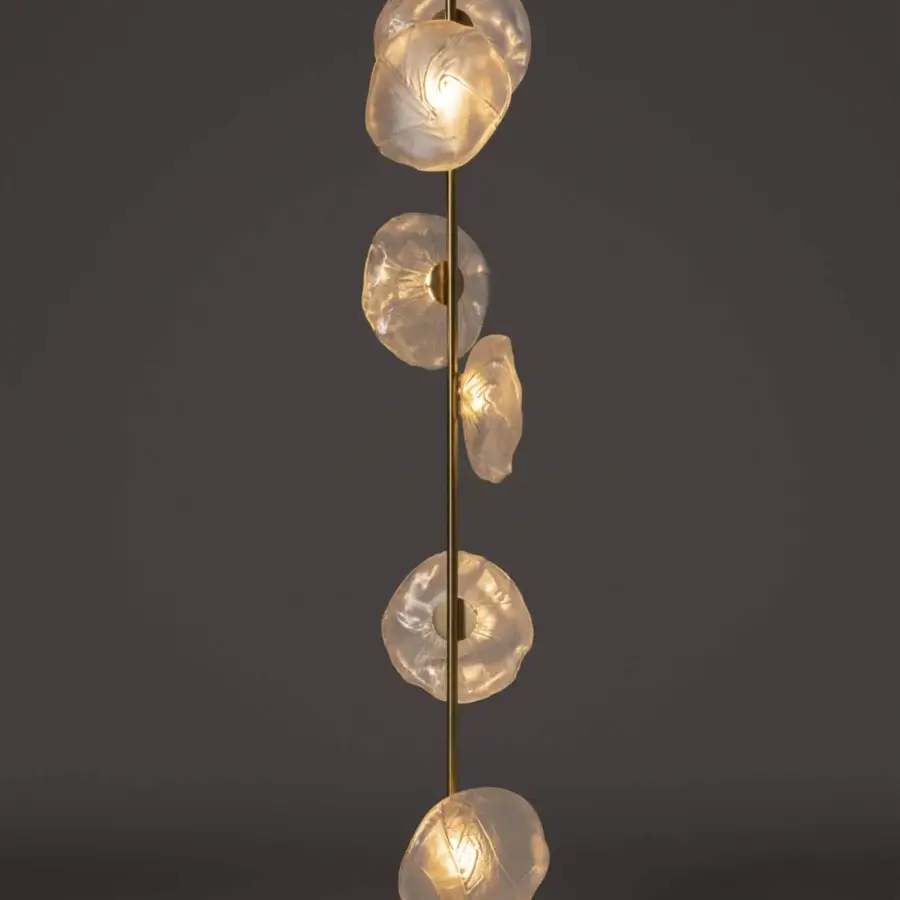 Distinguished Bocci 73 Stem Floor Lamp with clear glass shades and a polished brass stem built upon a round brass base