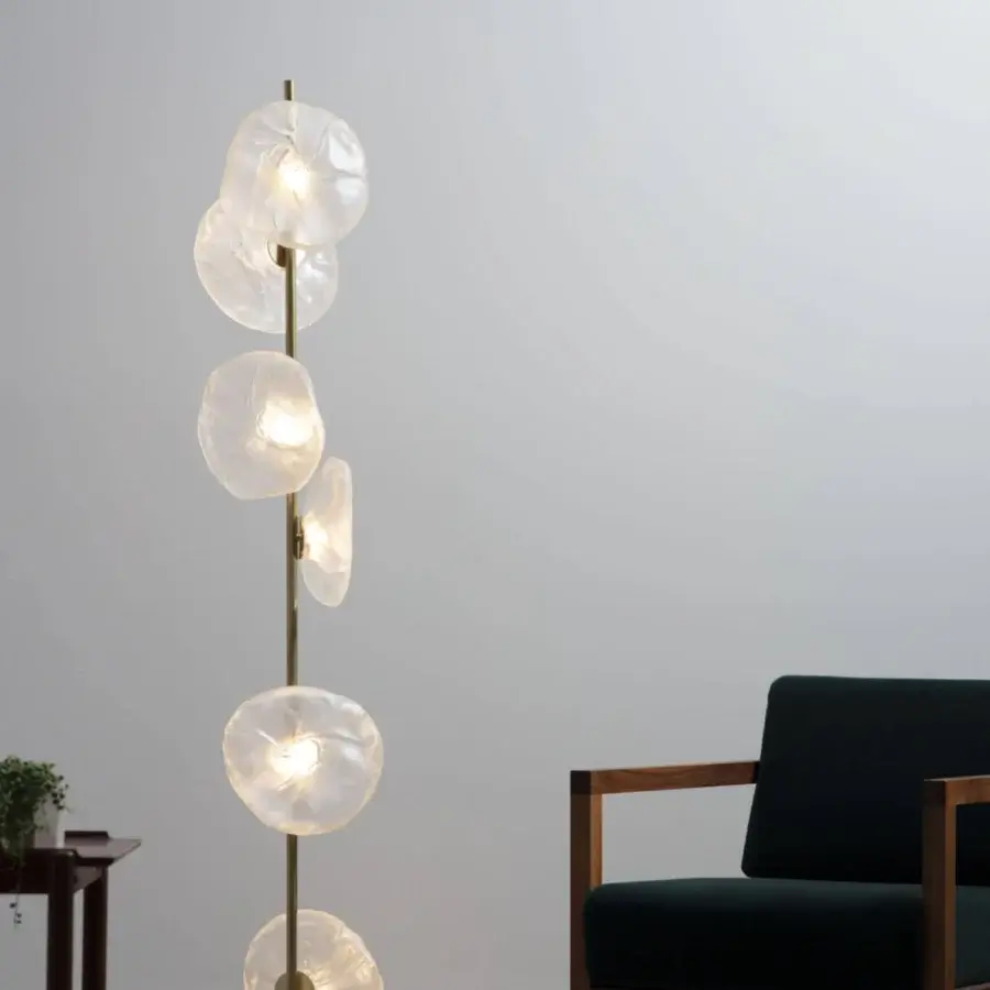 Distinguished Bocci 73 Stem Floor Lamp with milky white glass shades and a tall slender brass finish