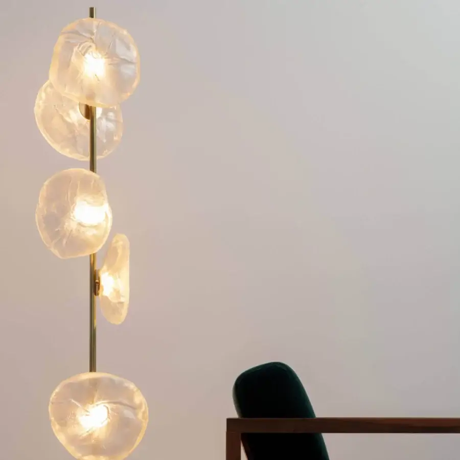 Exceptional Bocci 73 Stem Floor Lamp with a muted gold stem and translucent pale amber glass shades