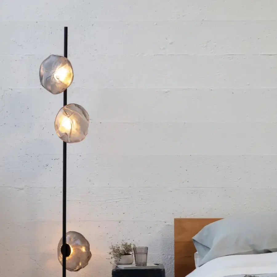 Captivating Bocci 73 Stem Floor Lamp with liquid glass shades and a slender black metal stem and round base