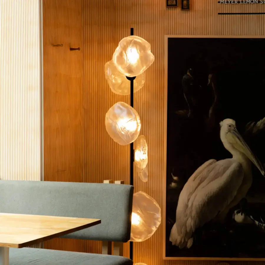 Superior Bocci 73 Stem Floor Lamp with clear glass shades extending from a brass finish stem and round base