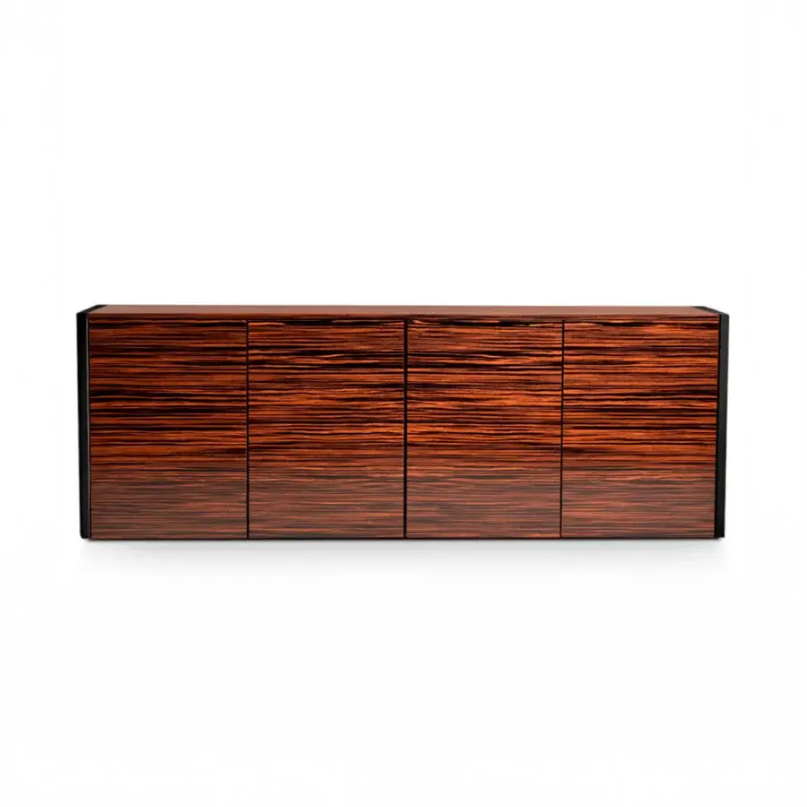 Distinguished 4 Mariani Sera sideboard with black melamine structure and reddish-brown wood-veneer doors exhibiting a glossy smooth finish