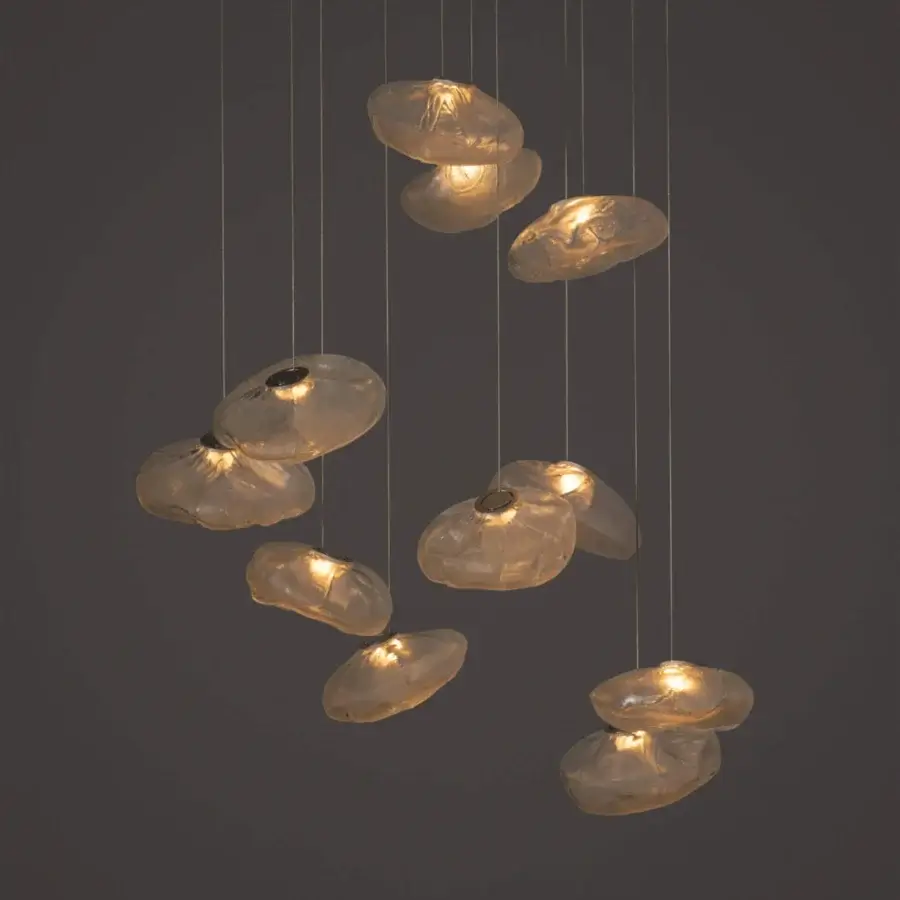 Exceptional Bocci 73 suspension lamp with hand-blown glass pendants and gold-colored cords crafted in heat-resistant ceramic fabric