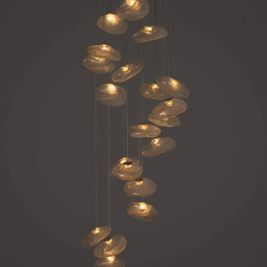 Luxury Bocci 73 suspension lamp with hand-blown glass pendants nestled within folded ceramic fabric vessels and dark metal cables