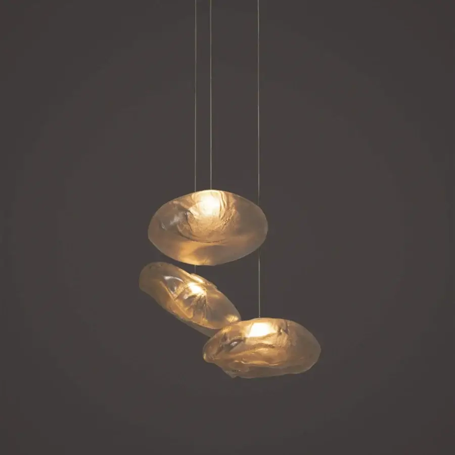 Superior Bocci 73 suspension lamp with organically shaped hand-blown glass pendants nestled within folded ceramic fabric