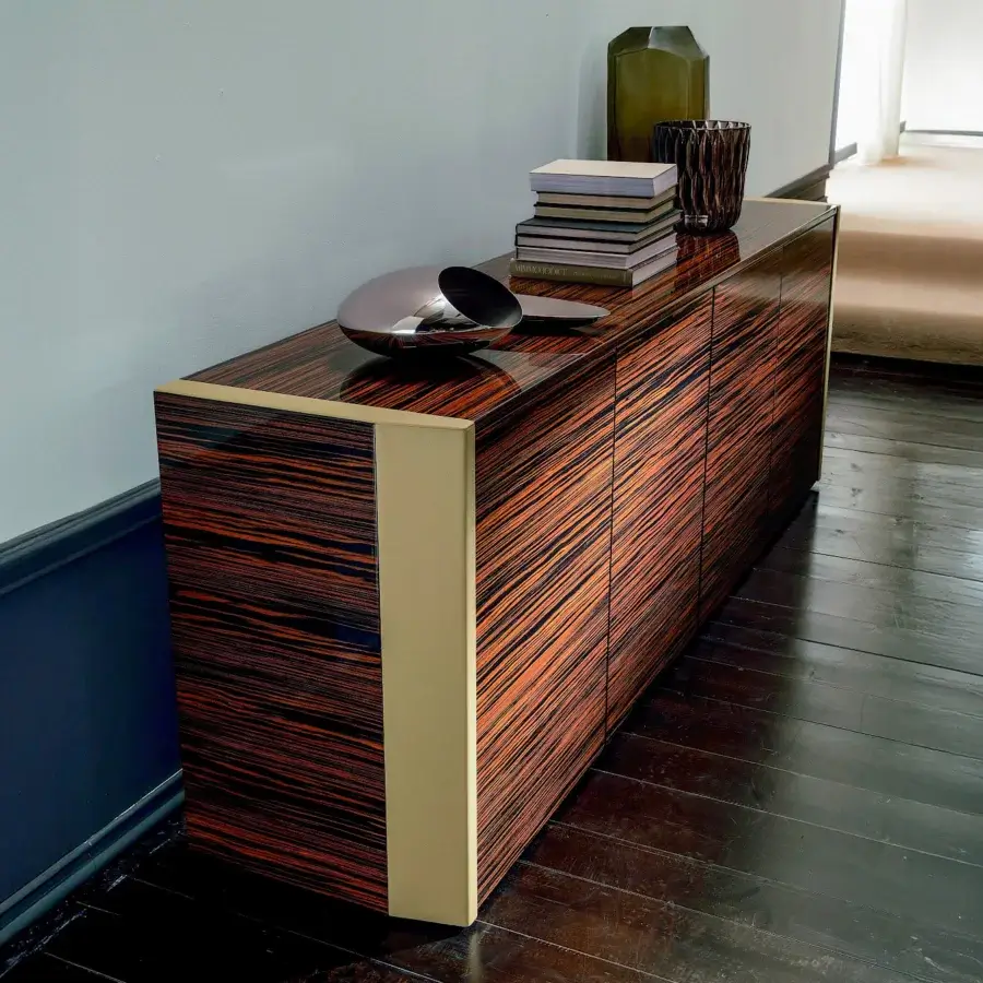 Distinguished 4 Mariani Sera sideboard with black melamine structure and glossy reddish-brown wood-veneer complemented by gold detailing