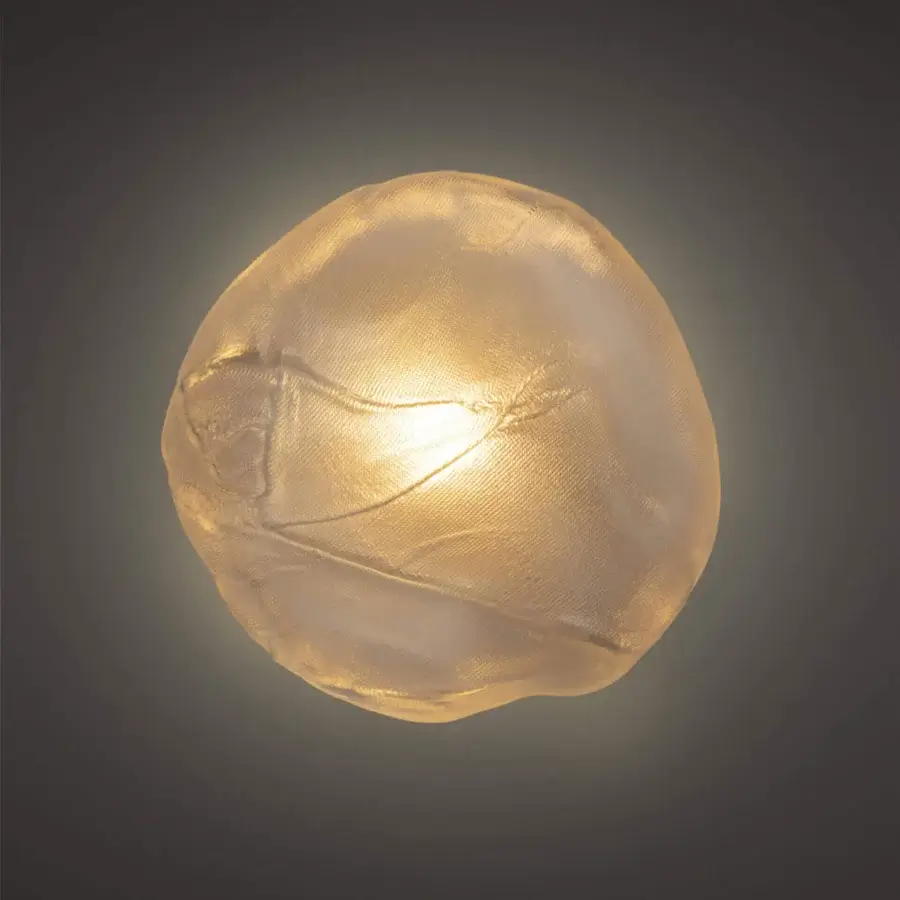 Exclusive Bocci 73 wall/ceiling lamp crafted with hand-blown glass pendants within a folded ceramic fabric vessel exhibiting a warm golden-yellow hue
