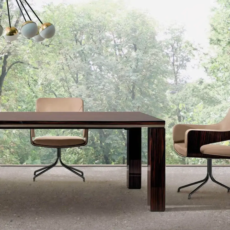 Superior 4 Mariani Sera table crafted in Italy with ebony veneer and saddle leather detailing in a satin finish