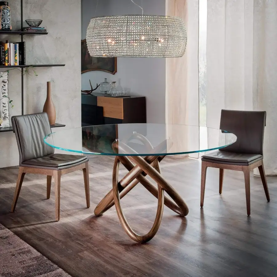 Superior Cattelan Italia Carioca table with intertwined Canaletto walnut base and clear glass top built with a subtle blue edge