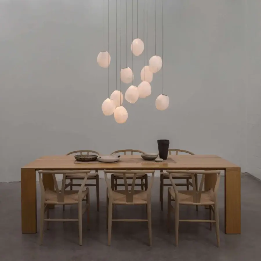 Superior Bocci 73V suspension lamp crafted from molten glass within folded ceramic fabric with a white finish
