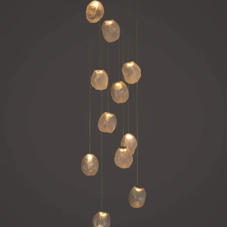 Exceptional Bocci 73V suspension lamp crafted with textured glass globes and a white powder coated canopy with braided metal cable
