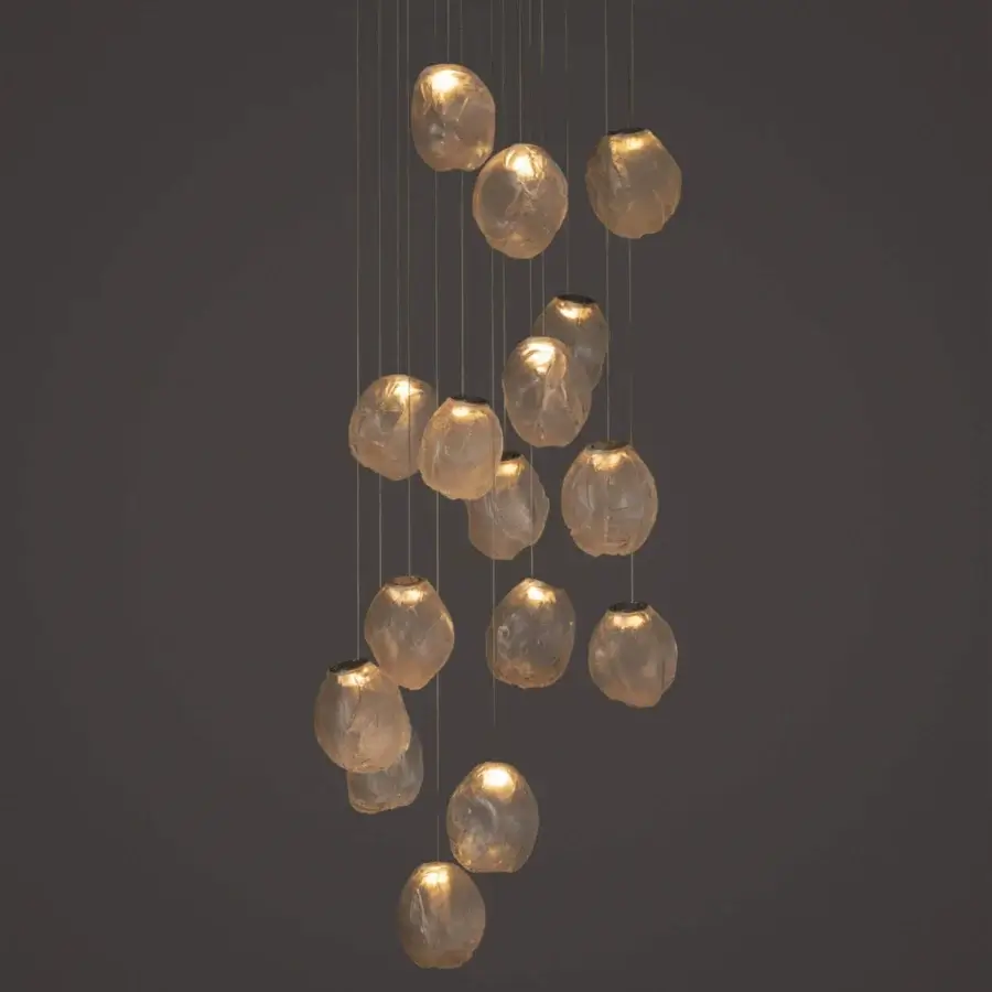 Superior Bocci 73V suspension lamp crafted with translucent amber hand-blown glass and a white powder coated canopy with braided metal cable
