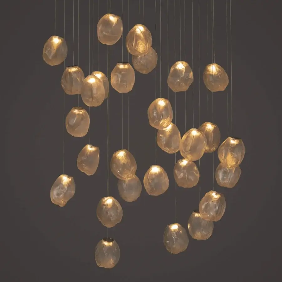 Exceptional Bocci 73V suspension lamp crafted in folded translucent glass with braided metal cable and white powder coating