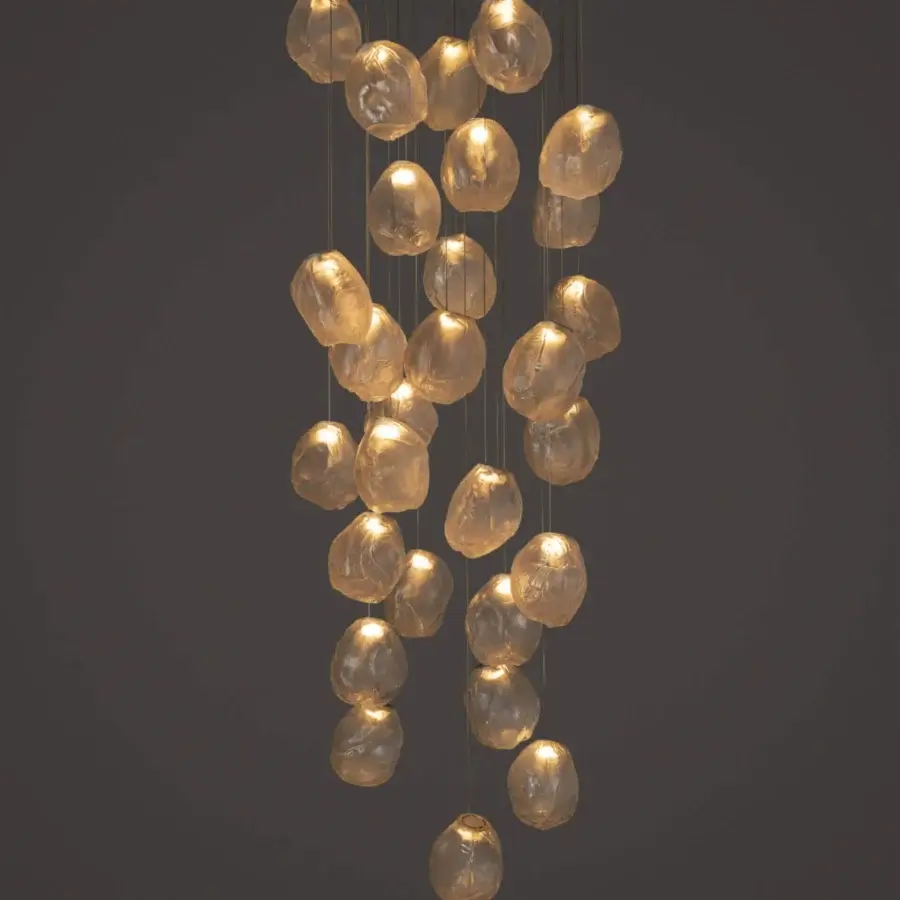 Lavish Bocci 73V suspension lamp crafted in molten glass with folded ceramic fabric and white powder coated canopy