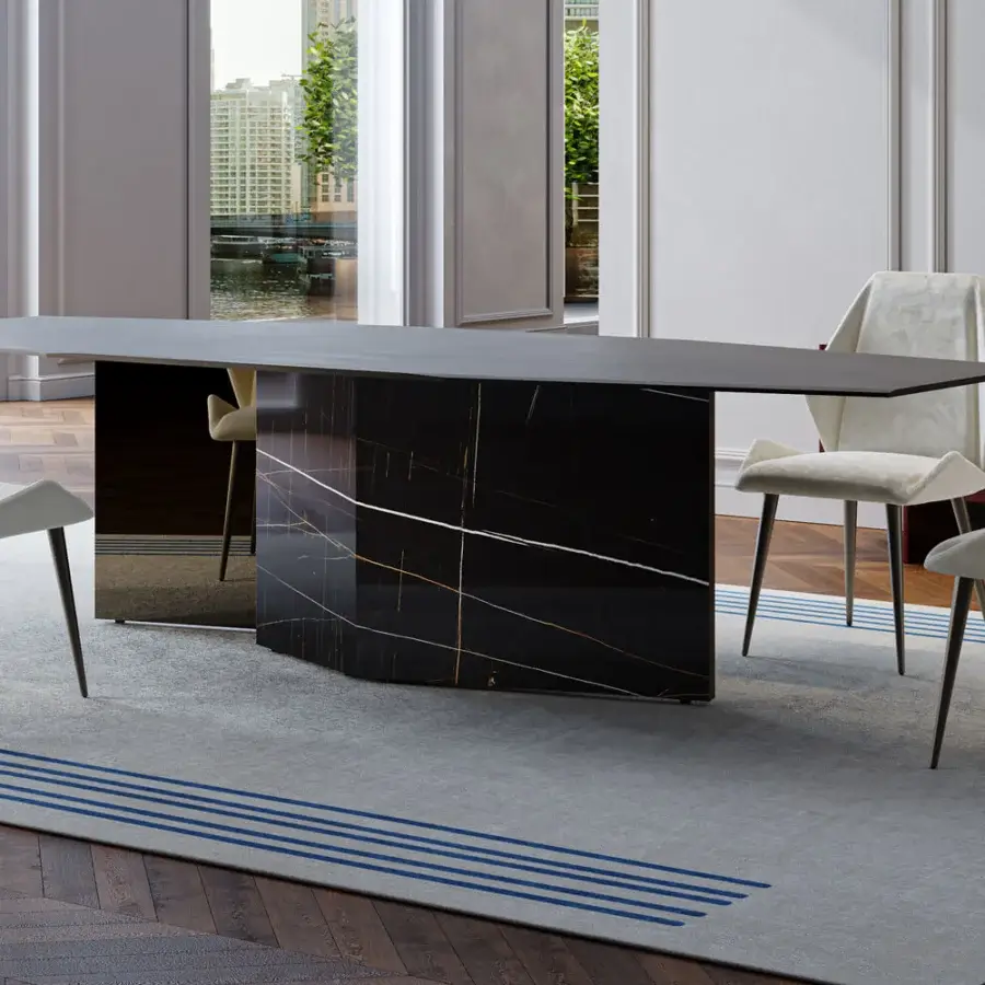 Distinguished Reflex Cubitum table with extra clear glass and a spectacular wooden base finished in Bronze with marble glass