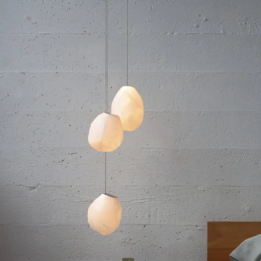Elegant Bocci 73V suspension lamp with organically shaped diffusers and milky white glass crafted with a braided metal coaxial cable
