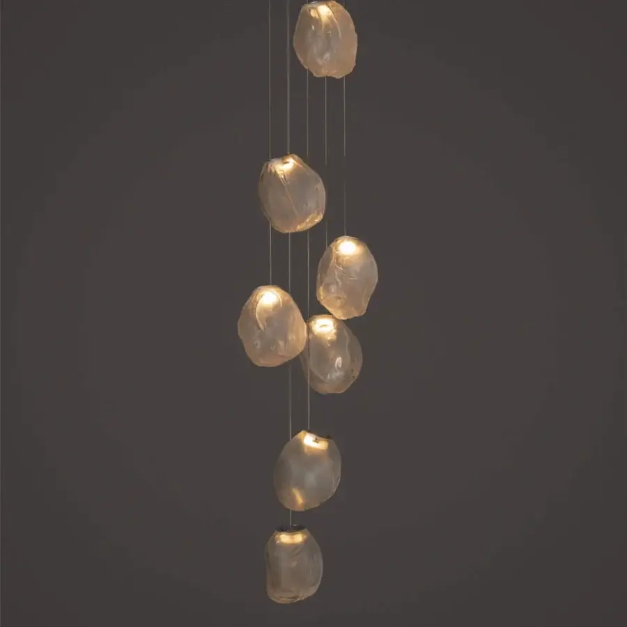 Elegant Bocci 73V suspension lamp with uniquely molded glass pendants and braided metal coaxial cable
