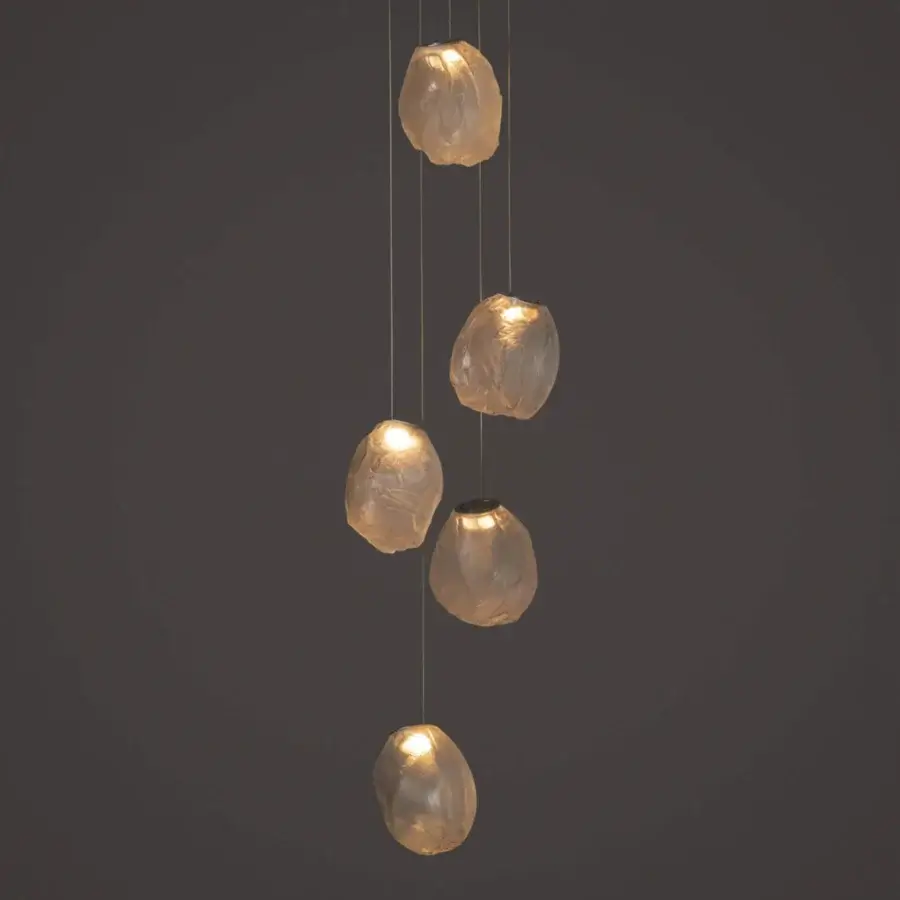 Distinguished Bocci 73V suspension lamp with uniquely textured glass and braided metal coaxial cable in brushed nickel