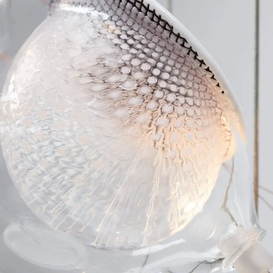 Exceptional Bocci 76 Single Suspension Lamp crafted in hot white and clear glass with copper mesh detail and brushed nickel canopy
