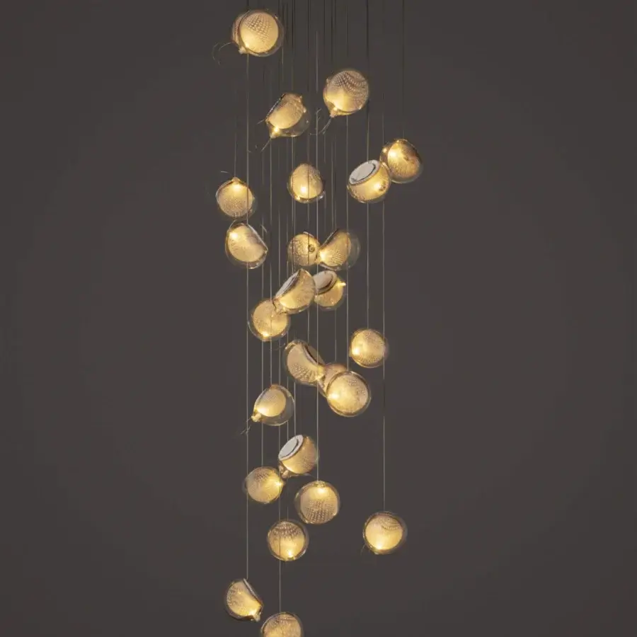 Captivating Bocci 76 Random suspension lamp with cascading hot white and clear glass plus copper mesh detailing and white powder-coated canopy