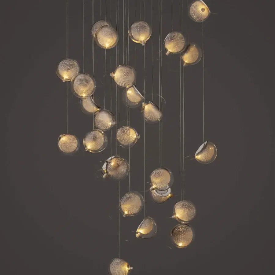Luxury Bocci 76 Random suspension lamp with clusters of hot white and clear glass plus delicate copper mesh detailing