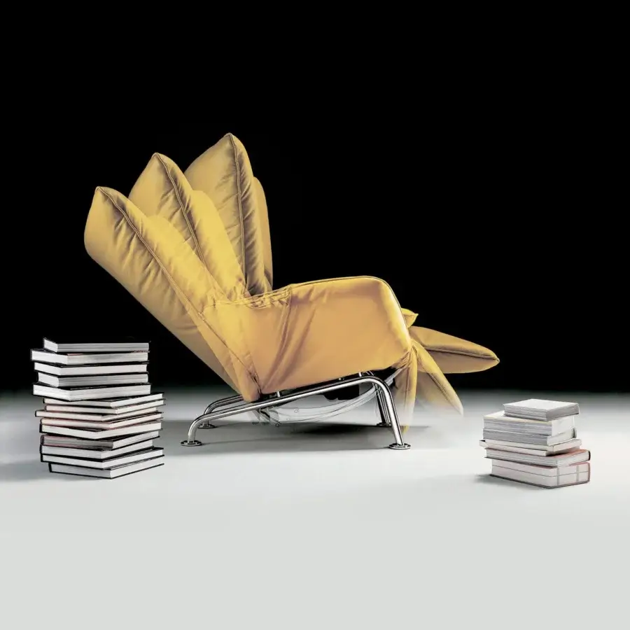 Distinguished 4 Mariani Single lounge chair upholstered in warm yellow woven fabric with a polished metal frame