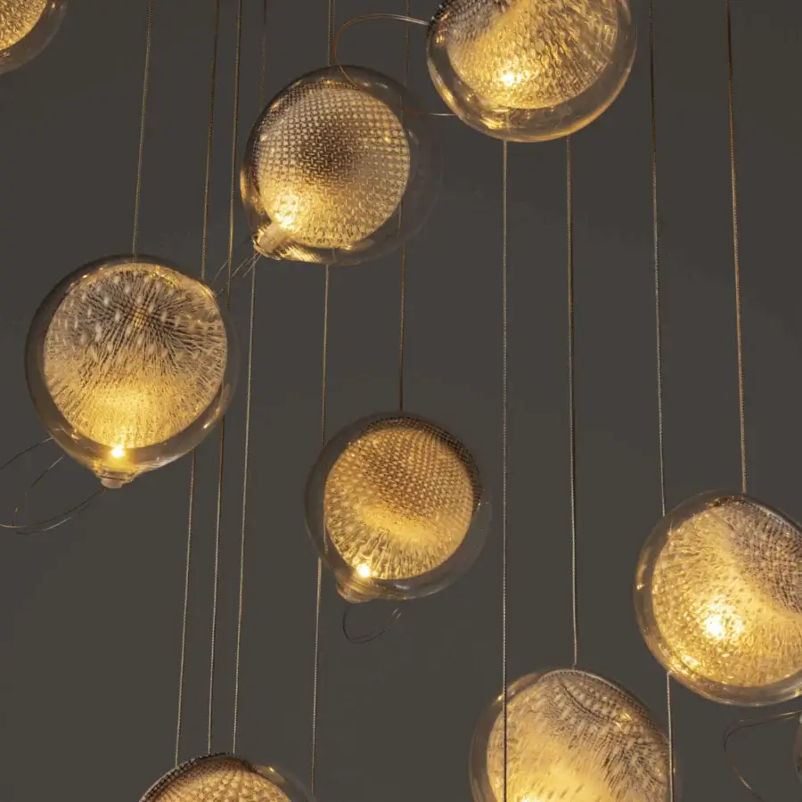 Elegant Bocci 76 Random suspension lamp with hand-blown hot white and clear glass shades and white powder coated canopy
