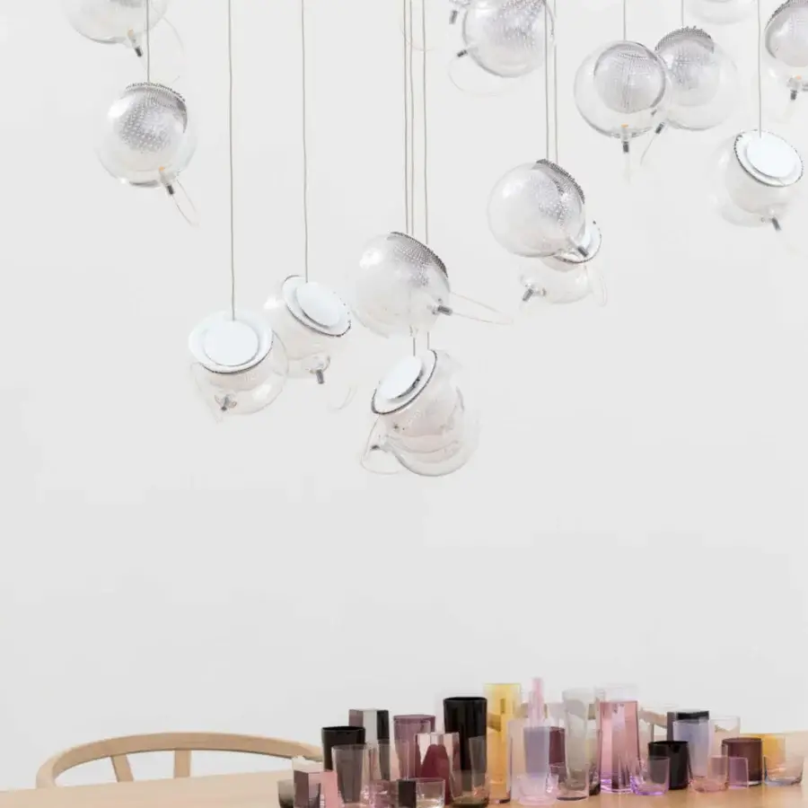 Distinguished Bocci 76 Random suspension lamp crafted in hot white and clear glass with copper mesh and silver-toned metal cage finish
