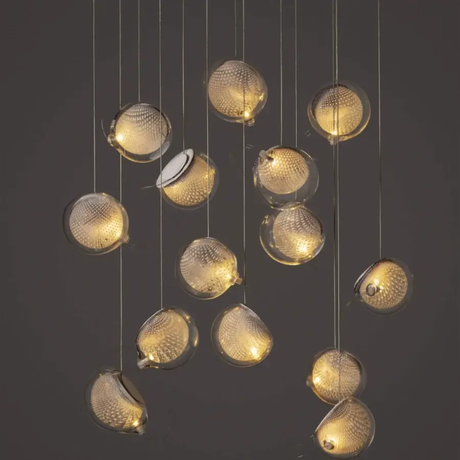Superior Bocci 76 Random suspension lamp with hand-blown glass spheres and copper mesh in white powder-coated finish