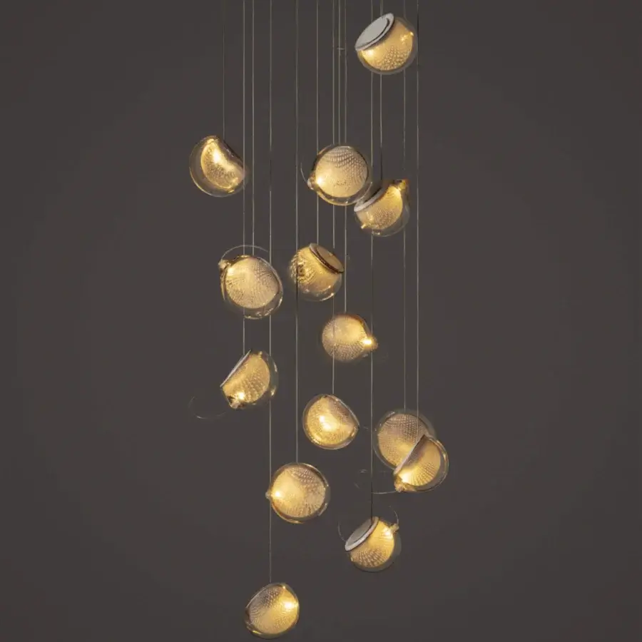 Distinguished Bocci 76 Random suspension lamp with hand-blown glass elements and delicate copper mesh in a light gold satin finish