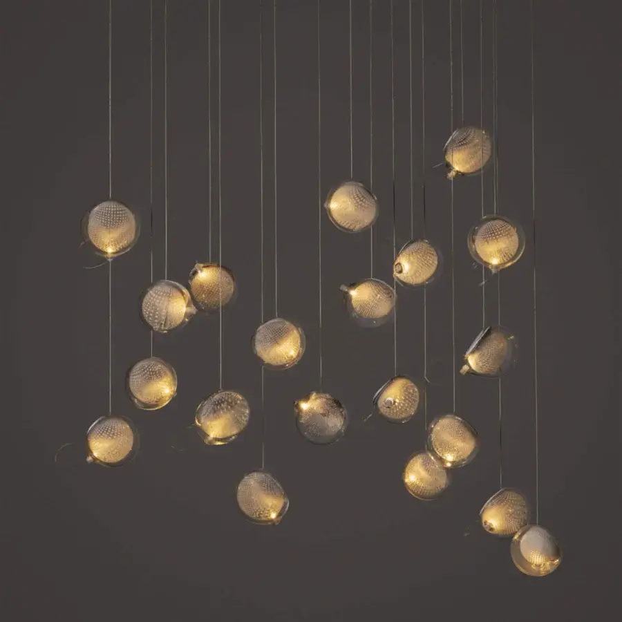 Exceptional Bocci 76 Random suspension lamp with hot white and clear glass spheres plus copper mesh and white powder-coated canopy