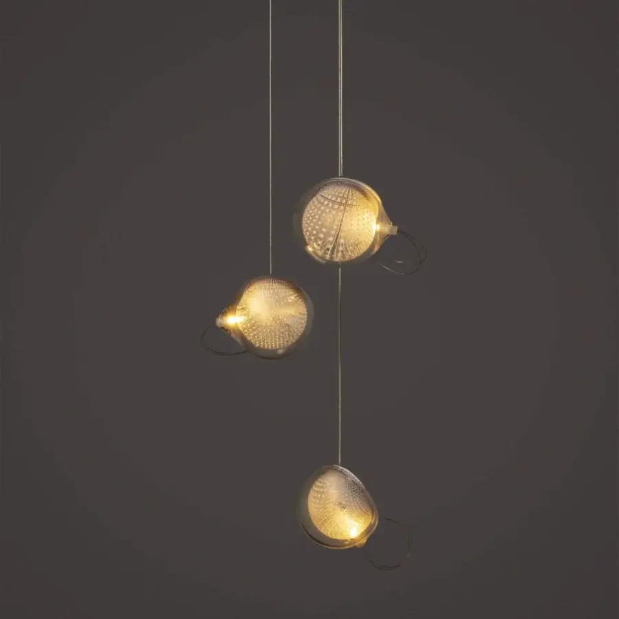 Distinguished Bocci 76 Random suspension lamp with hot white and clear glass plus golden copper mesh finish