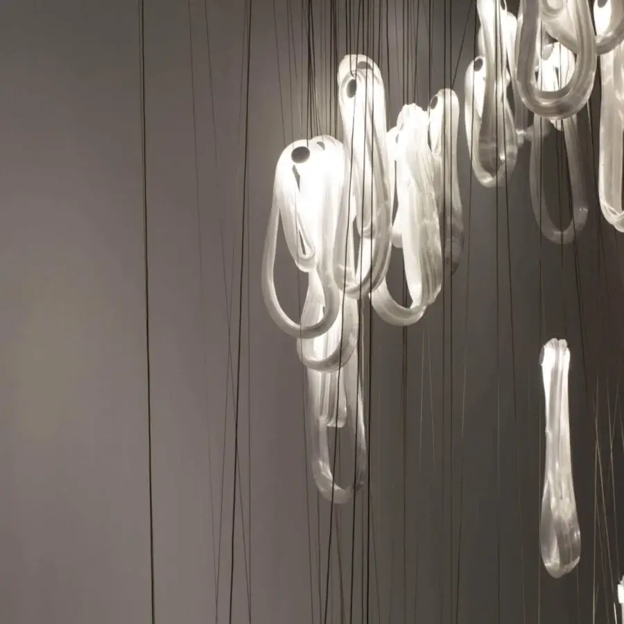Luxury Bocci 87 single suspension lamp crafted with pale gray super-heated glass and delicate microfilaments creating a pearlescent quality