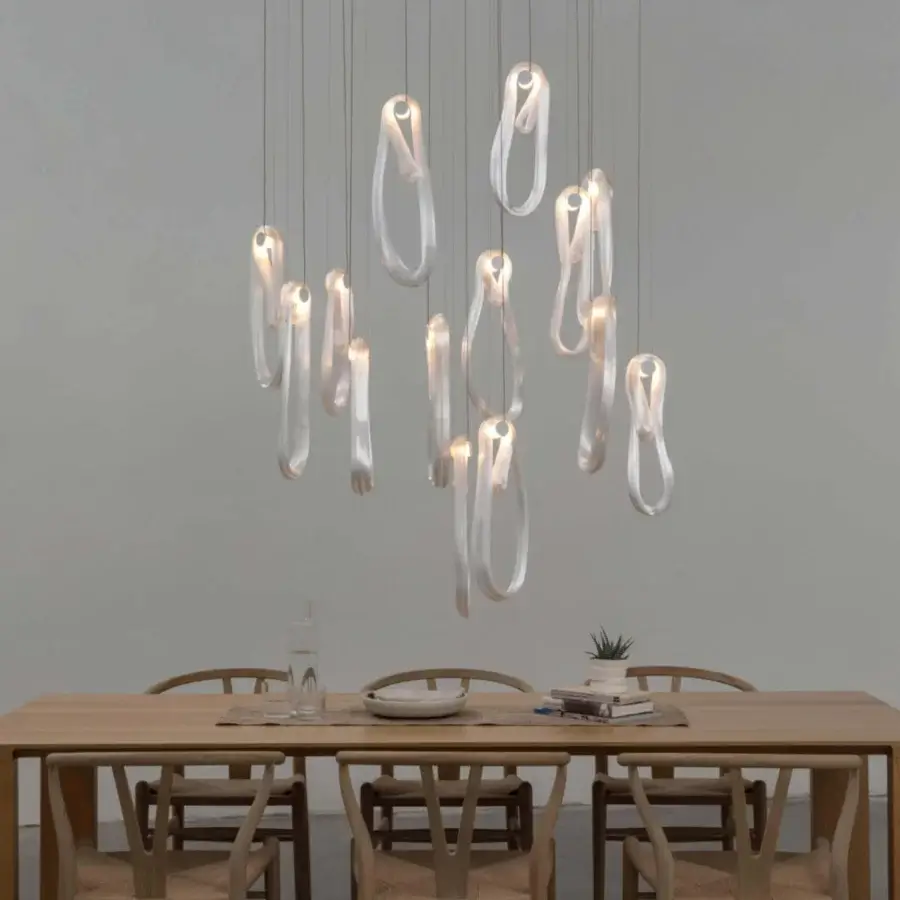 Luxury Bocci 87 Random suspension lamp crafted in pale gray glass with satin metal rods and gentle illumination