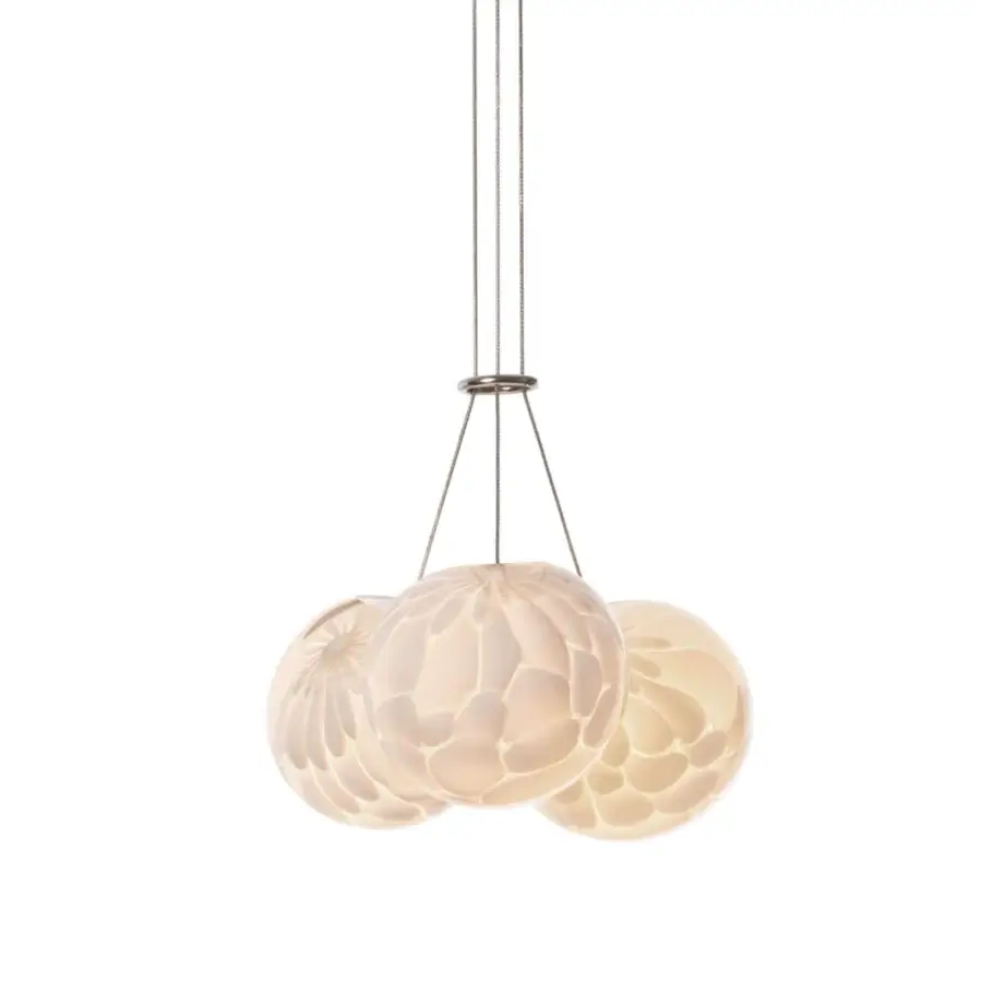 Sophisticated Bocci 118 Cluster suspension lamp with hand-blown glass pendants and warm off-white tone showcasing feather-like impressions