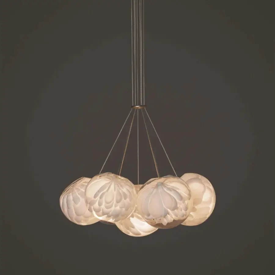 Distinguished Bocci 118 Cluster suspension lamp with hand-blown glass pendants and subtly textured surfaces diffusing light in warm off-white hues